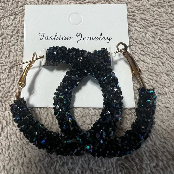 NWOT Black Sparkly Hoop Earrings - Picture 2 of 3